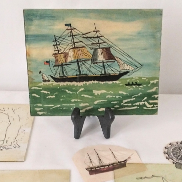 RARE FIND!! Antique Reverse Painting on Glass - 3 Glass Stenciled - Picture 8 of 13